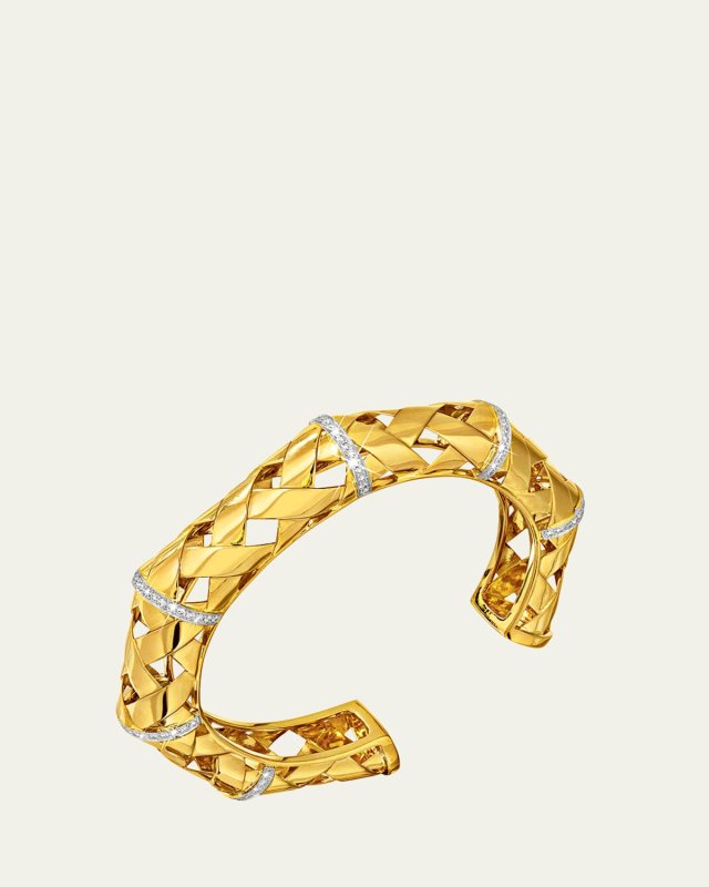 18K Yellow Gold Criss Cross Narrow Bangle with Diamonds